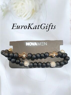 NOVA Men’s Trending Black Beaded Bracelet Set with Gold Accents NWT